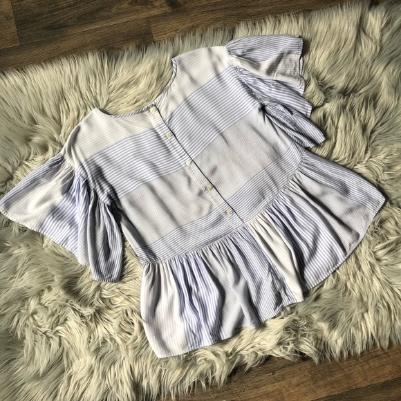 LOFT Striped Flutter Button Back Peplum Back Top - Picture 2 of 7